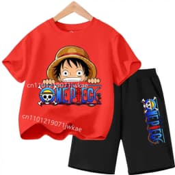 Summer Children Short Sleeve Clothes Set Anime Boy Girl T Shirt Shorts 2pcs One Piece Kids Outfit Chopper Luffy Tracksuit Suit
