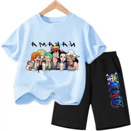 Summer Children Short Sleeve Clothes Set Anime Boy Girl T Shirt Shorts 2pcs One Piece Kids Outfit Chopper Luffy Tracksuit Suit