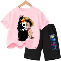 Summer Children Short Sleeve Clothes Set Anime Boy Girl T Shirt Shorts 2pcs One Piece Kids Outfit Chopper Luffy Tracksuit Suit