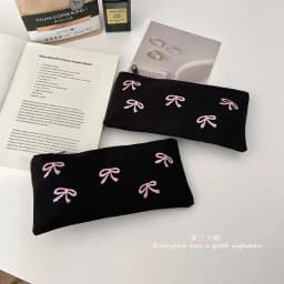 ins Japanese bow embroidery pencil bag high value girl student stationery makeup brush storage bag portable pencil bag