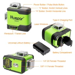 Huepar 3D Cross Line Self-Leveling Laser Level 3x360 Green Beam Three-Plane Leveling & Alignment Laser Tool & 2 Li-ion Battery