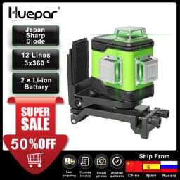Huepar 3D Cross Line Self-Leveling Laser Level 3x360 Green Beam Three-Plane Leveling & Alignment Laser Tool & 2 Li-ion Battery