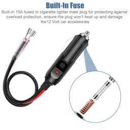 2Pack 12V 15A Fused Car Cigarette Lighter Adapter Anti-Slip Flat Spring Power Male Plug Connecter with Leads