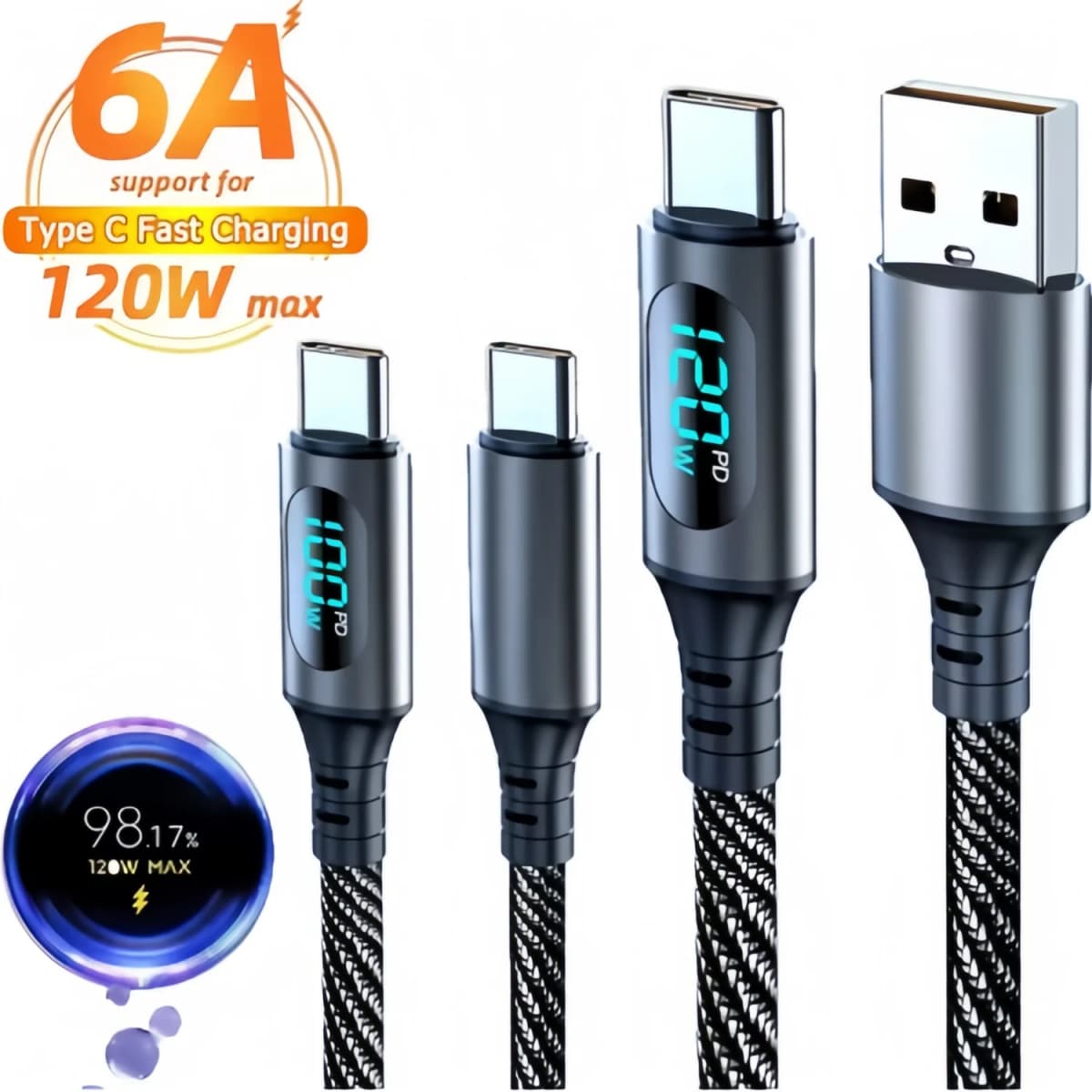 1m/2m 120W USB-C Charging Wire For Huawei Xiaomi POCO Samsung 100W PD Fast Charging Phone Data Cord For iPhone LED Display Cable
