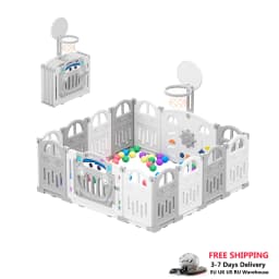 UBRAVOO Foldable Baby Playpen with Basketball Hoop & 50Pcs Coloured Pit Balls, Toddler and Baby Play Pen Fence, 14-Panel