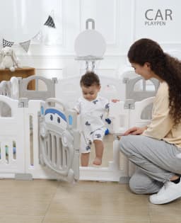 UBRAVOO Foldable Baby Playpen with Basketball Hoop & 50Pcs Coloured Pit Balls, Toddler and Baby Play Pen Fence, 14-Panel