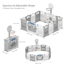 UBRAVOO Foldable Baby Playpen with Basketball Hoop & 50Pcs Coloured Pit Balls, Toddler and Baby Play Pen Fence, 14-Panel