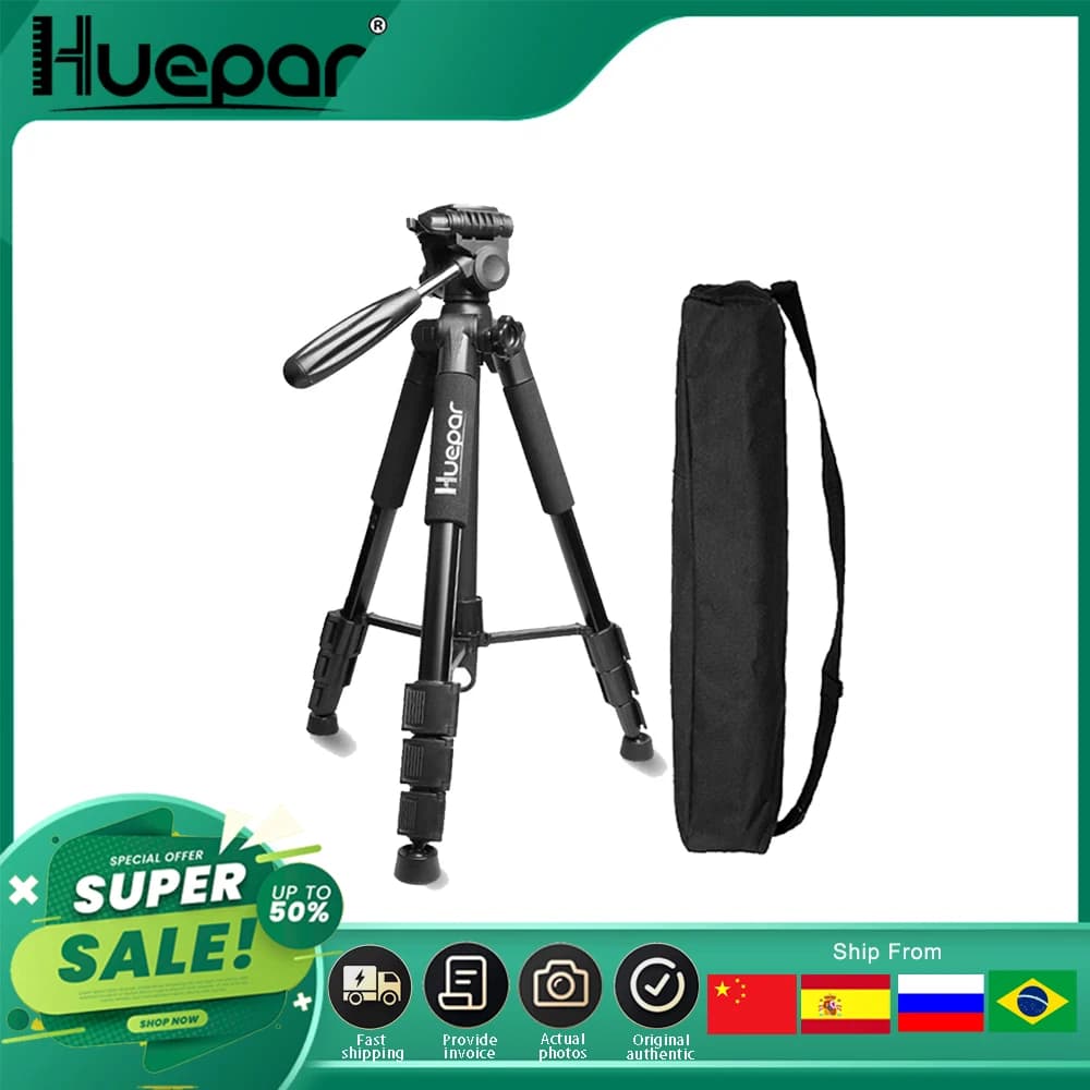 Huepar Multi-function Travel Camera Tripod 56"/143cm Adjustable Laser Level Tripod with 3-Way Swivel Pan Head With Bubble Level