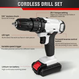 Cordless Drill Driver 21V, Power Tool Electric Screwdriver, 25+1 Torque, 2 Speed, LED Light, Combi Drill Kit for Home and Garden