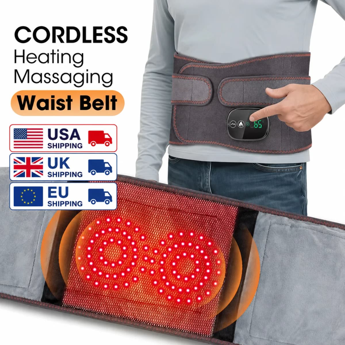 LED Light Heating Waist Belt with Massage 3 Heat & 3 Vibration Modes 5000mAh Rechargeable Battery Adjustable Lumbar Support