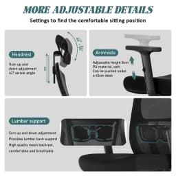 Durrafy Ergonomic Office Chair with Adjustable Headrest, Lumbar Support, Mesh Backrest, Computer Desk Chair for Home/Office