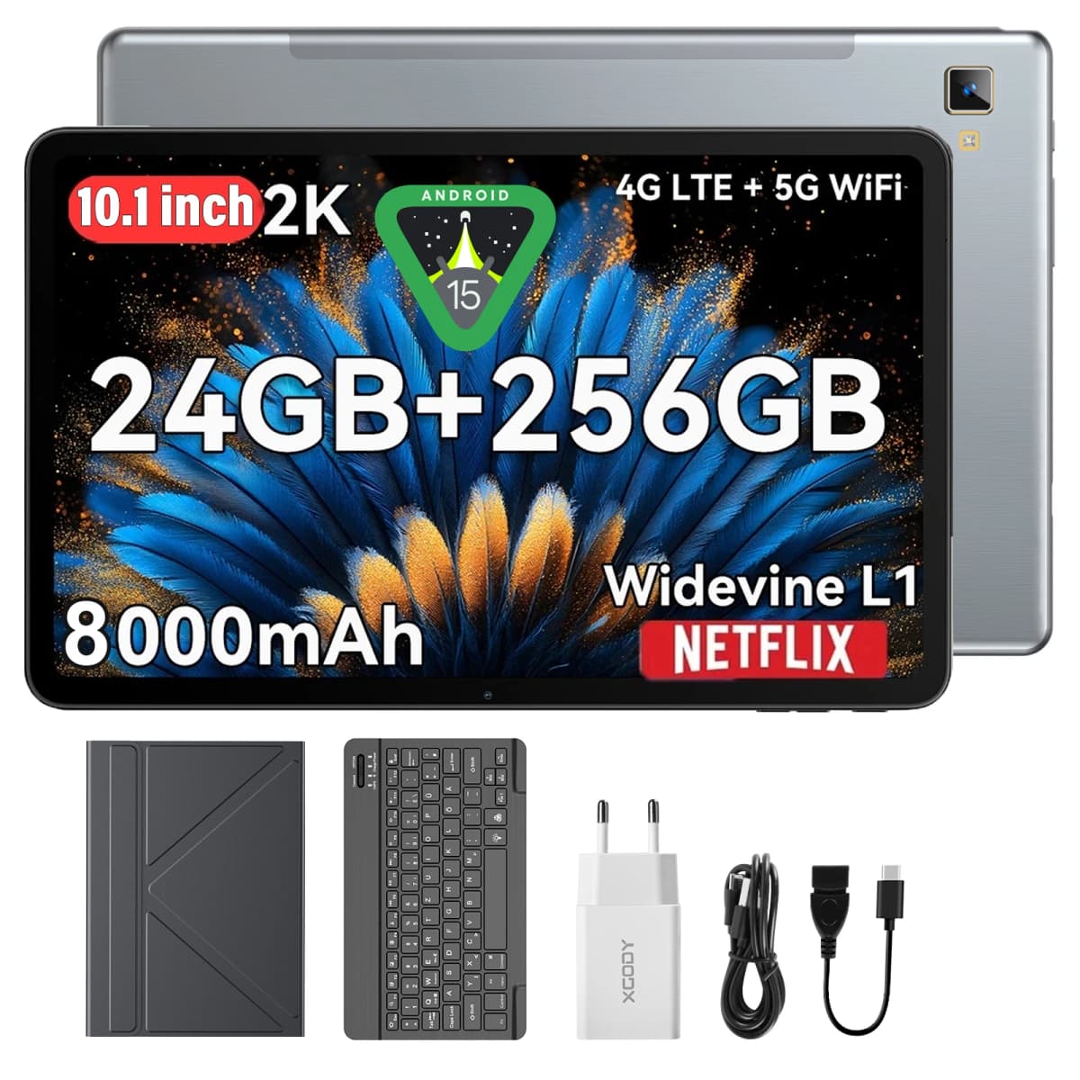 XGODY P60 Case Android 15 Tablet 10.1" IPS Screen 24GB (8GB+16GB expandable) RAM 256GB ROM T606 8-Core 8000mAh With KeyboardCase