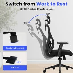 Durrafy Office Chair Adjustable Armrest Headrest Lumbar Support 130° Tilt High Back Mesh Desk Chair for Home Office 150kg Black