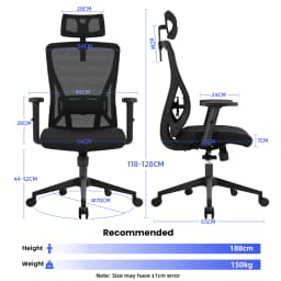 Durrafy Office Chair Adjustable Armrest Headrest Lumbar Support 130° Tilt High Back Mesh Desk Chair for Home Office 150kg Black