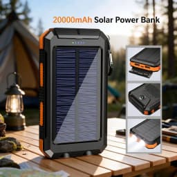 20000mAh Solar Power Bank Dual USB Output Portable Charger with Dual LED Flashlight Compass Carabiner Waterproof Rugged External Battery for Outdoor Camping Hiking