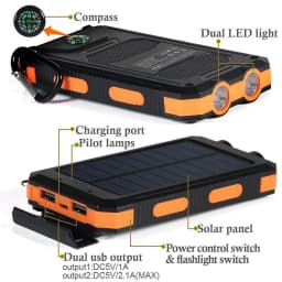 20000mAh Solar Power Bank Dual USB Output Portable Charger with Dual LED Flashlight Compass Carabiner Waterproof Rugged External Battery for Outdoor Camping Hiking