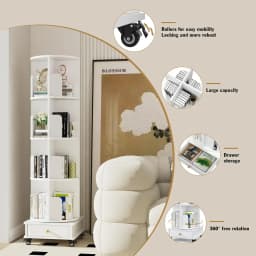 Corner Bookcases Rotating Movable Durable Wooden Bookshelf Drawer Wheels Modern Storage Shelf Vertical Narrow Study Bedroom Home