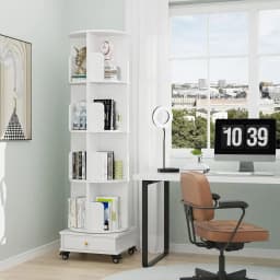 Corner Bookcases Rotating Movable Durable Wooden Bookshelf Drawer Wheels Modern Storage Shelf Vertical Narrow Study Bedroom Home