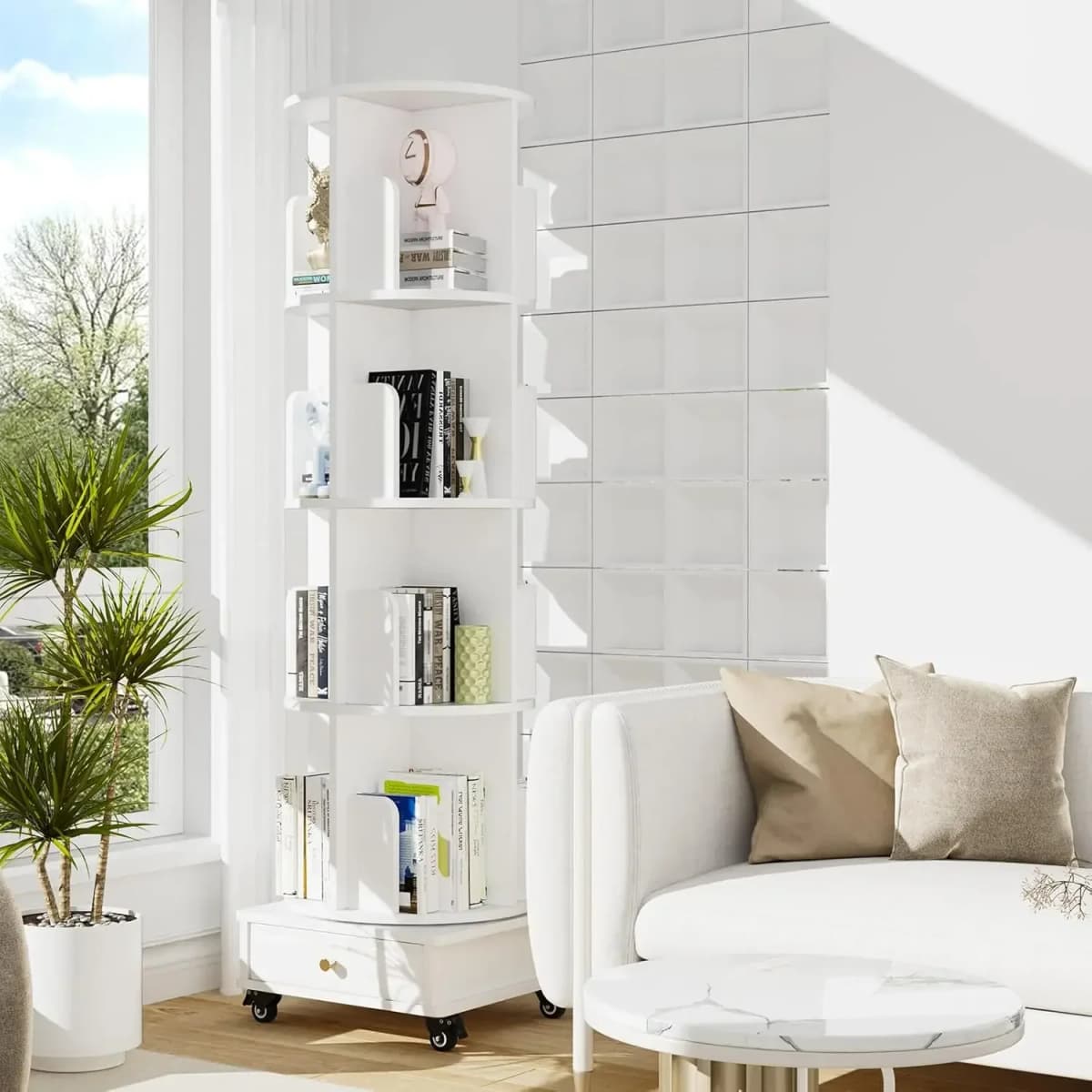 Corner Bookcases Rotating Movable Durable Wooden Bookshelf Drawer Wheels Modern Storage Shelf Vertical Narrow Study Bedroom Home