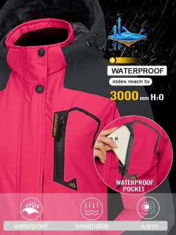 2025 Women's Waterproof Windbreaker Ski Jacket Fleece Lining Warm Winter Snow Coat Multiple pockets Hooded Hiking Outdoor