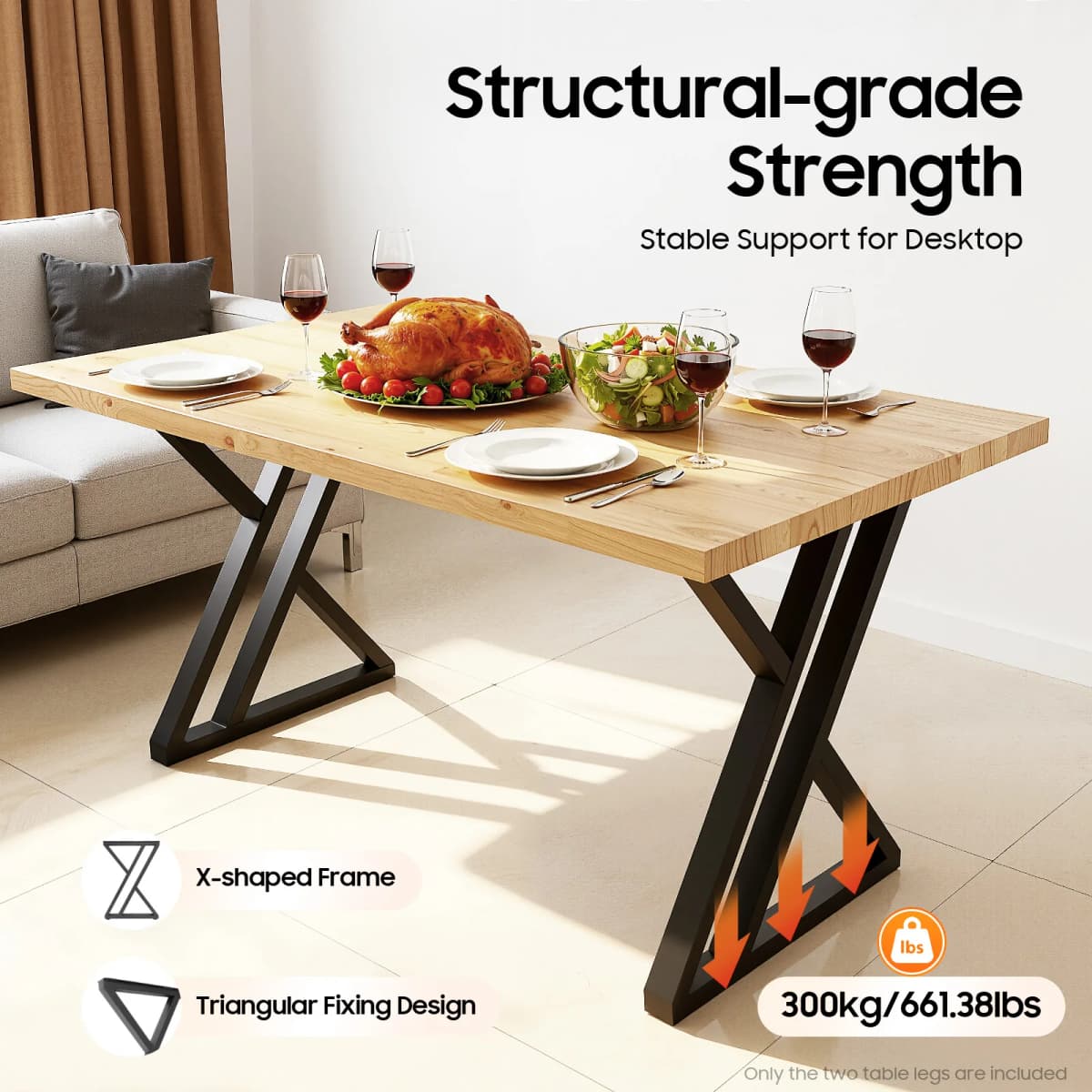Set of 2 X-Shape Industrial Black Metal Table Legs, Black Metal Furniture Legs for Dining Desk DIY, Easy Installation