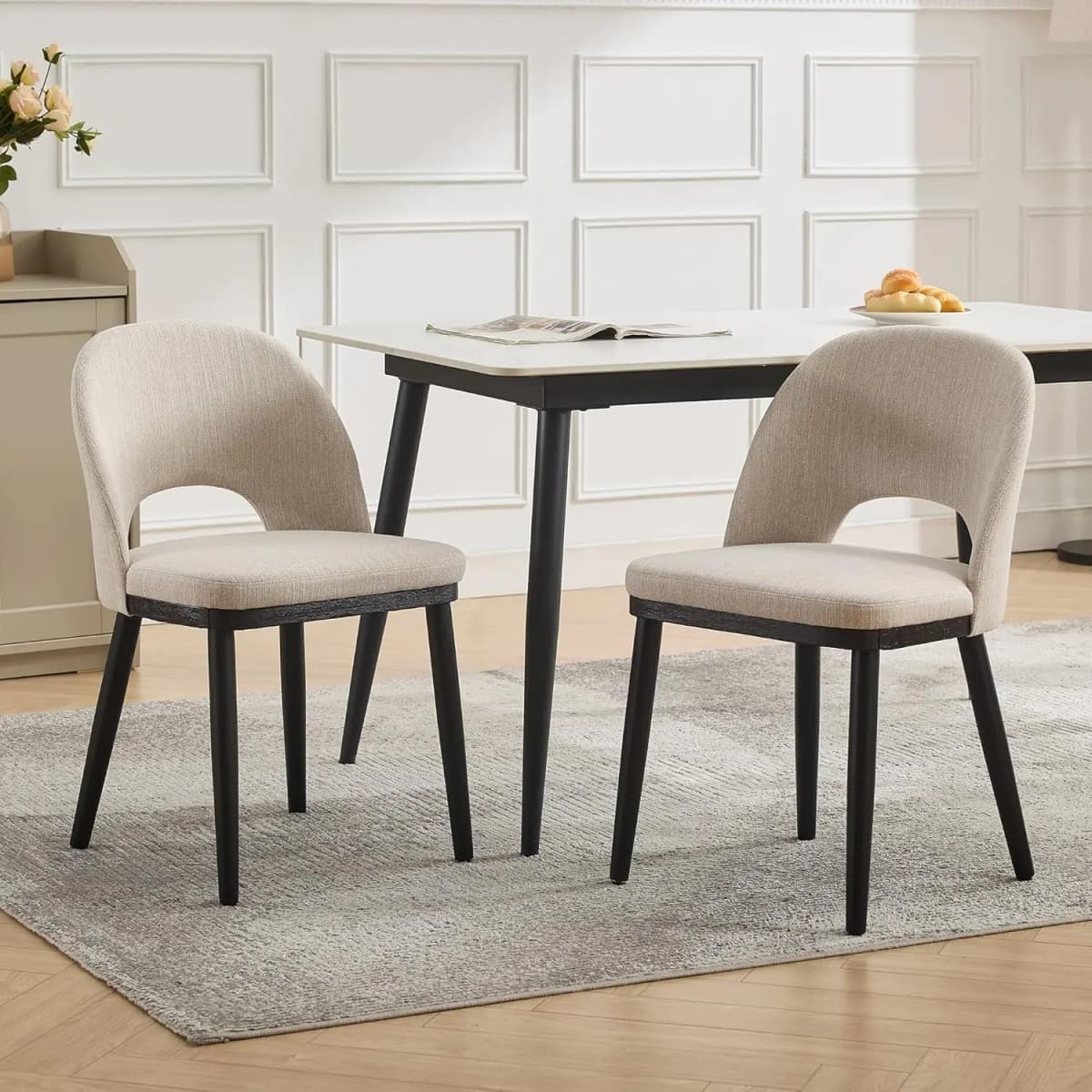 Modern Upholstered Dining Chairs Set of 2 – Curved Backrest, Thick Cushioned Seats, Wood Frame, Armless Accent Kitchen Chairs Fo