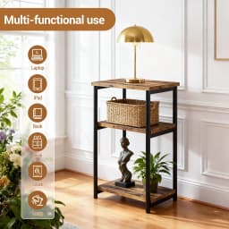 3-Tier End Table with Storage Shelves – Rustic Narrow Sofa Side Table for Small Spaces – Metal Frame Accent Bedside Table for Li