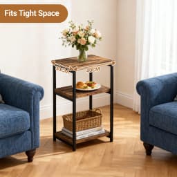 3-Tier End Table with Storage Shelves – Rustic Narrow Sofa Side Table for Small Spaces – Metal Frame Accent Bedside Table for Li