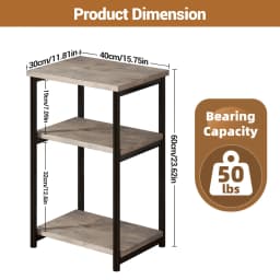 3-Tier End Table with Storage Shelves – Rustic Narrow Sofa Side Table for Small Spaces – Metal Frame Accent Bedside Table for Li