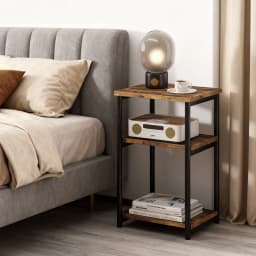 3-Tier End Table with Storage Shelves – Rustic Narrow Sofa Side Table for Small Spaces – Metal Frame Accent Bedside Table for Li