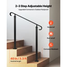 SucceBuy Handrails for Outdoor Steps 2-3 Step Adjustable Height Carbon Steel Transitional Handrail with Installation Kit Black