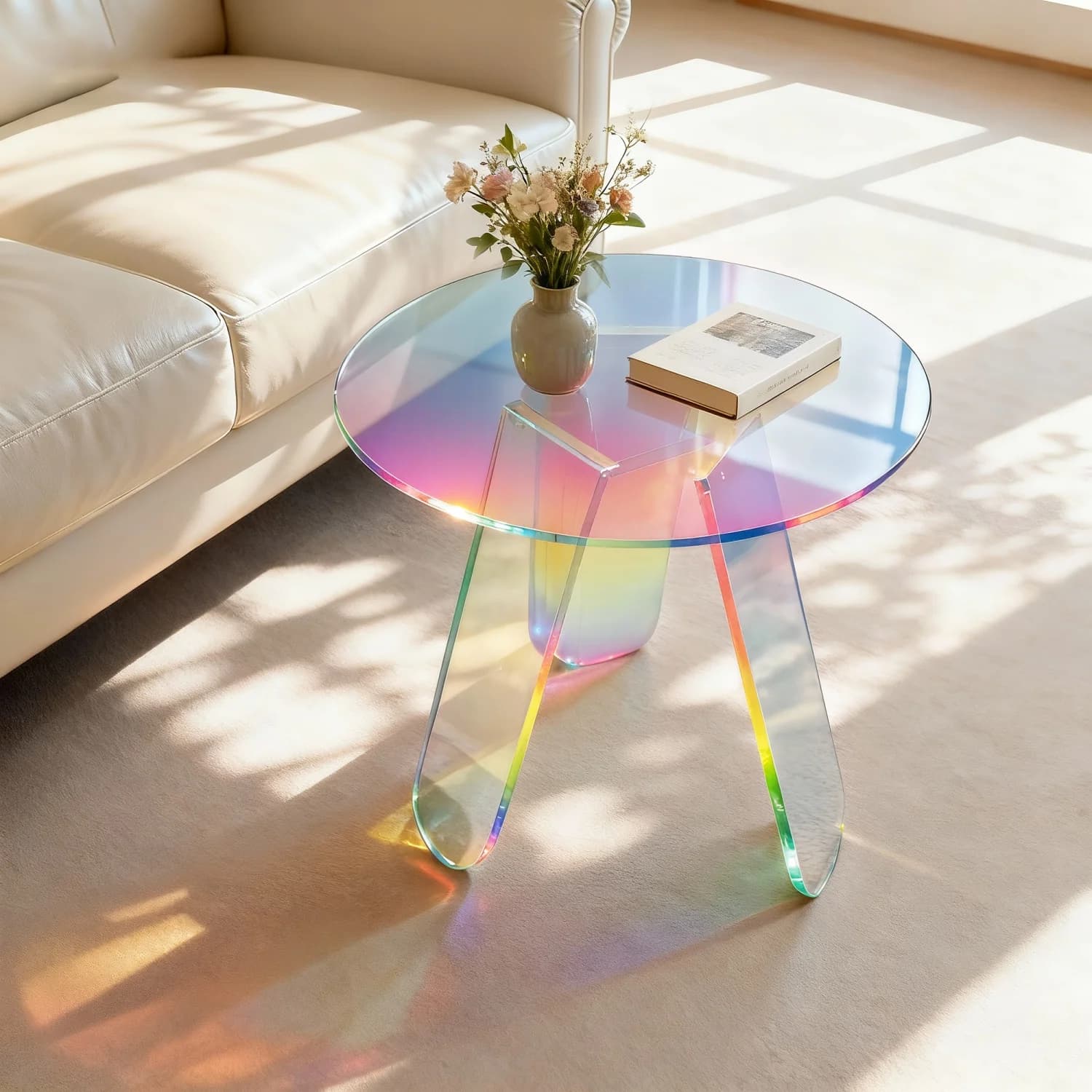Round Iridescent Side Table Small Space Acrylic End Table Coffee Table Furniture for Home Living Room Cafe