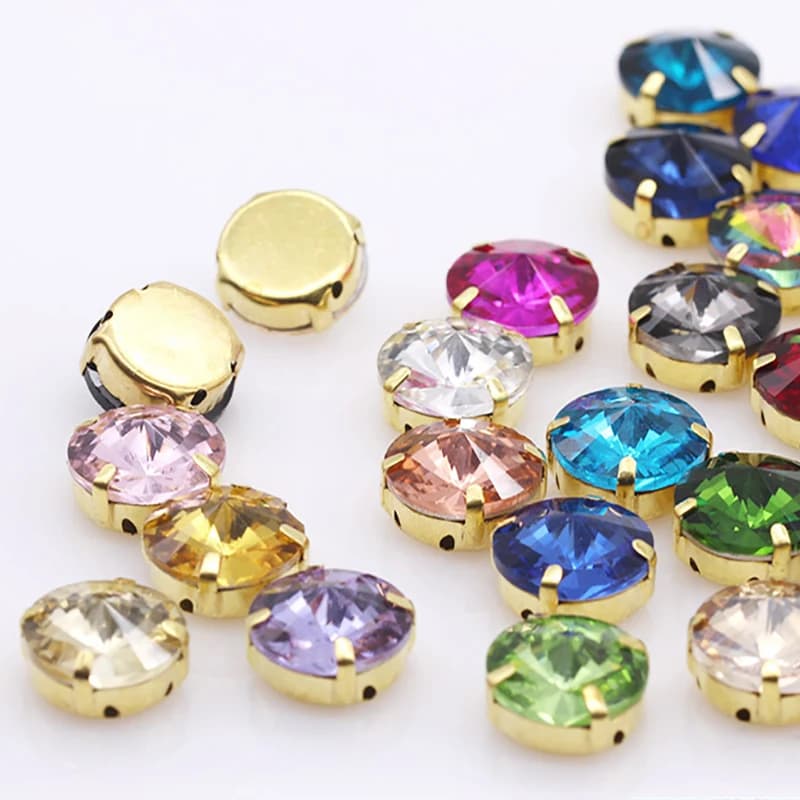 24Colors 6/8/10/12/14/16/18/25MM Rivoli Round Sew on Rhinestone Crystal With Golden Button For Garments Jewelry Shoes Diy Trims