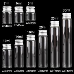 10 pieces 5ml/6ml/7ml/10ml/14ml/18ml/20ml/25ml/30ml Glass Bottles with Aluminium Lids Small Mini Glass Jars 9 Sizes U-pick