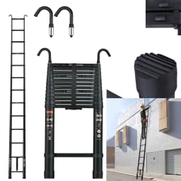 5m Portable Heavy Duty Multi-Purpose Aluminium Telescopic Ladder Extendable, with Detachable Hook, 150 Kg Load Capacity, Black