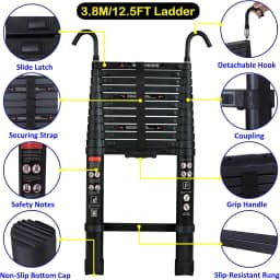 5m Portable Heavy Duty Multi-Purpose Aluminium Telescopic Ladder Extendable, with Detachable Hook, 150 Kg Load Capacity, Black