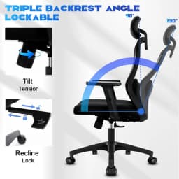 Durrafy Ergonomic Office Chair High Back Adjustable Armrests Lumbar Support 90°-130° Tilt Lockable Mesh Computer Chair Black