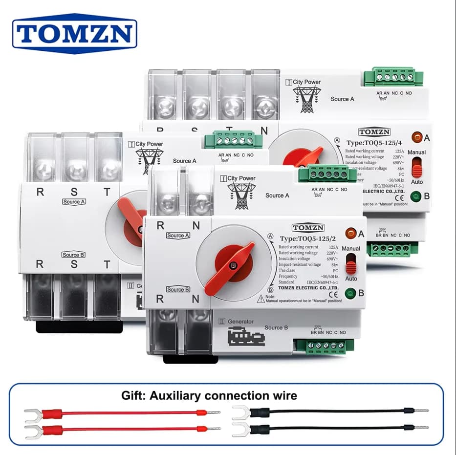 TOMZN Din Rail 2P 3P 4P ATS Dual Power Automatic Transfer Switch Electrical Selector Switches Uninterrupted Power 63A 100A 125A