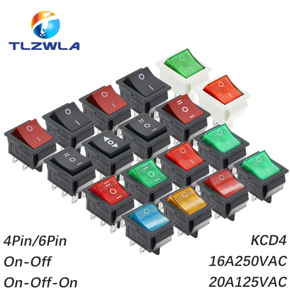 1PCS KCD4 Rocker Switch ON-OFF 2 Position 4 / 6Pins with Light  Power Switch 2 Position 16A 250VAC/ 20A 125VAC Ship Type Switch