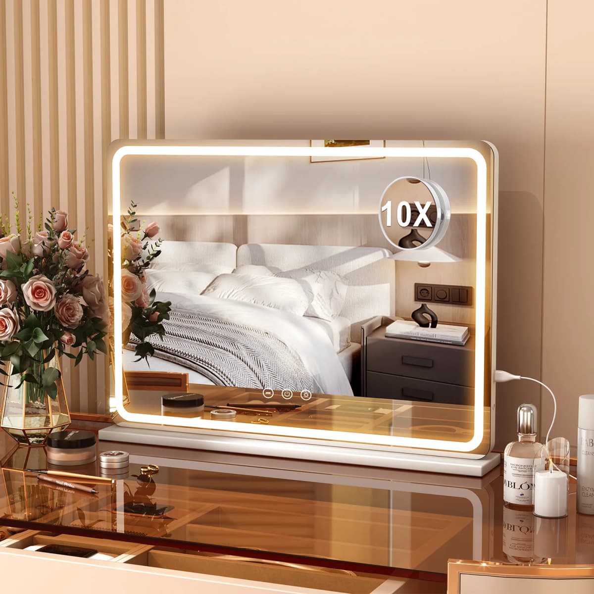 80CM Large LED Hollywood Vanity Mirror 3 Color Dimmable Touch Control CRI≥90 Light Strip Make Up Mirror for Dressing Table