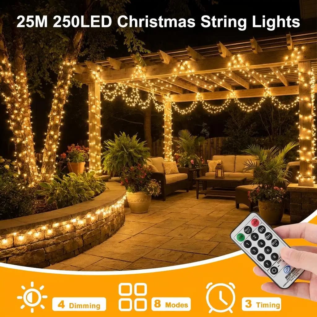 250LED 25M Christmas Fairy String Lights with Remote 8 Lighting Modes 4 Brightness 3 Timer Waterproof For Indoor Outdoor Holiday Decor