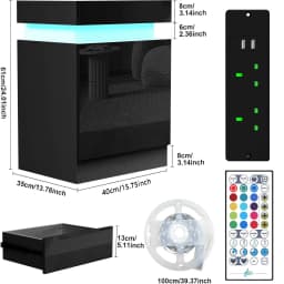 3 Drawers Wooden Nightstand Light Charging Station Bluetooth Light Power Bedroom Bedside Living Room UK Plug Bedroom Furniture
