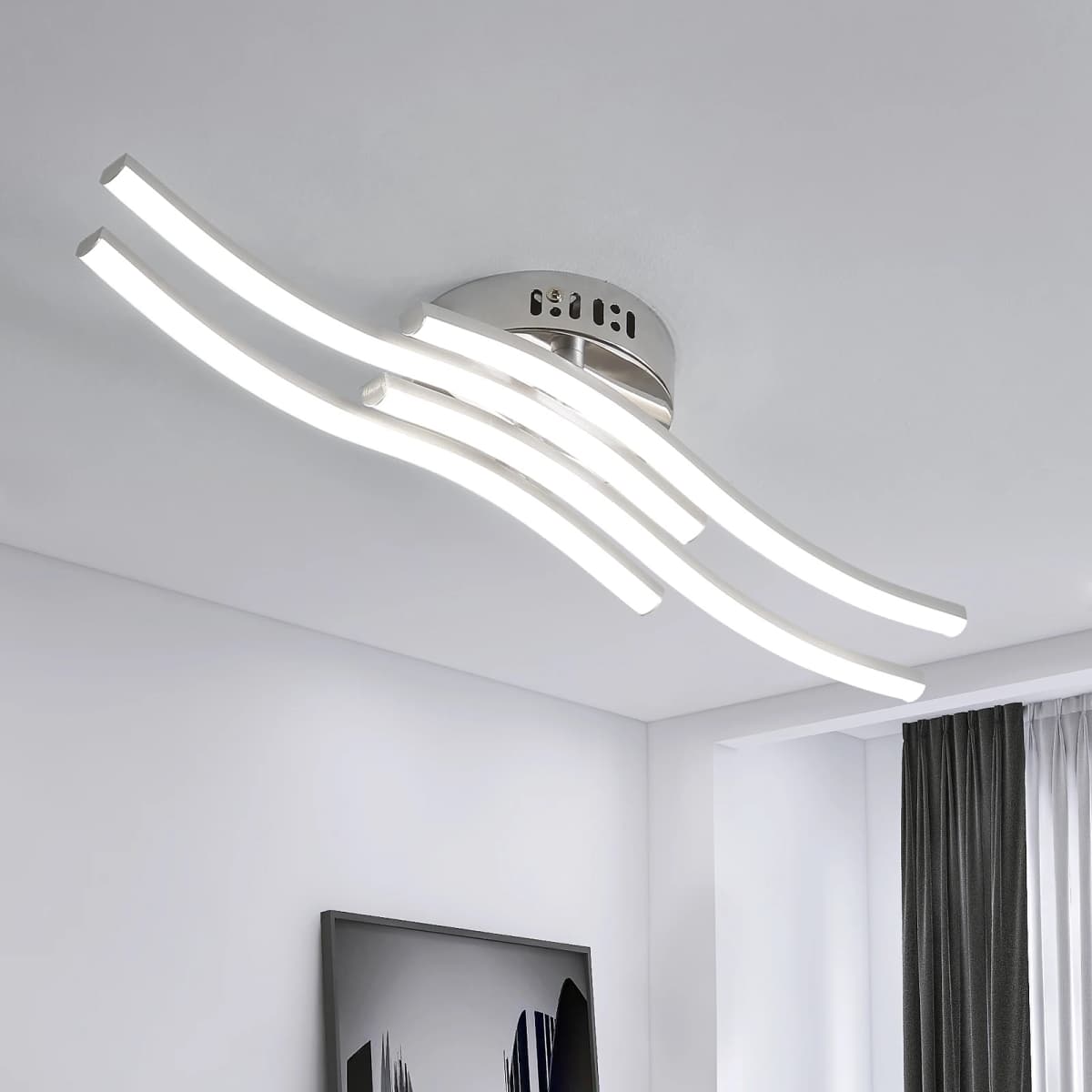 Modern Led Ceiling Light, 4 Built-in Wave Led Board Design Ceiling Lamps Silver Ceiling Lighting for Living Room Bedroom Kitchen