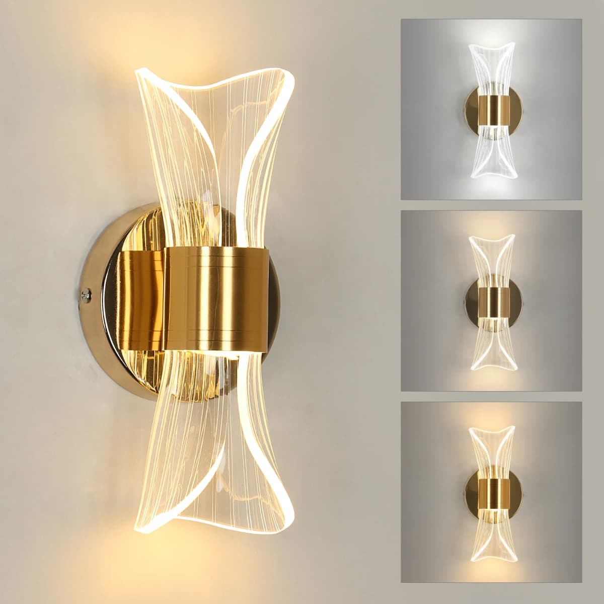 Indoor LED Wall Lamp,Modern 12W Wall Lamp Dimmable with 3 Light Colors,Gold Acrylic Wall Lamp for Bedroom Stairwell Hallway