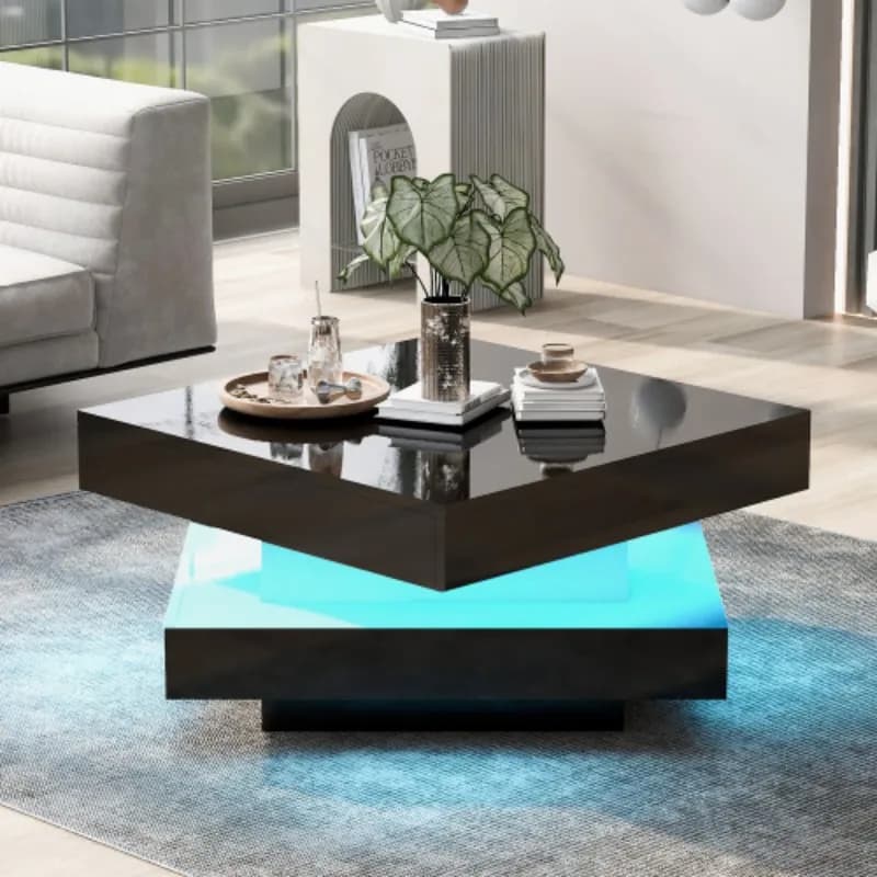 Black Square High Gloss Coffee Table with 360° Rotating Top, Tea Table with 16-Color LED light, 70x70x36 cm