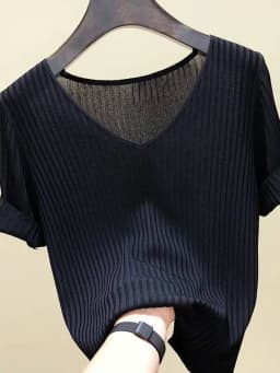 AOSSVIAO 2026 Basic V-neck Solid Thin Summer Women Pullover Female Thin Knitted Ribbed Sweater Slim Short Sleeve Bodycon Sweater