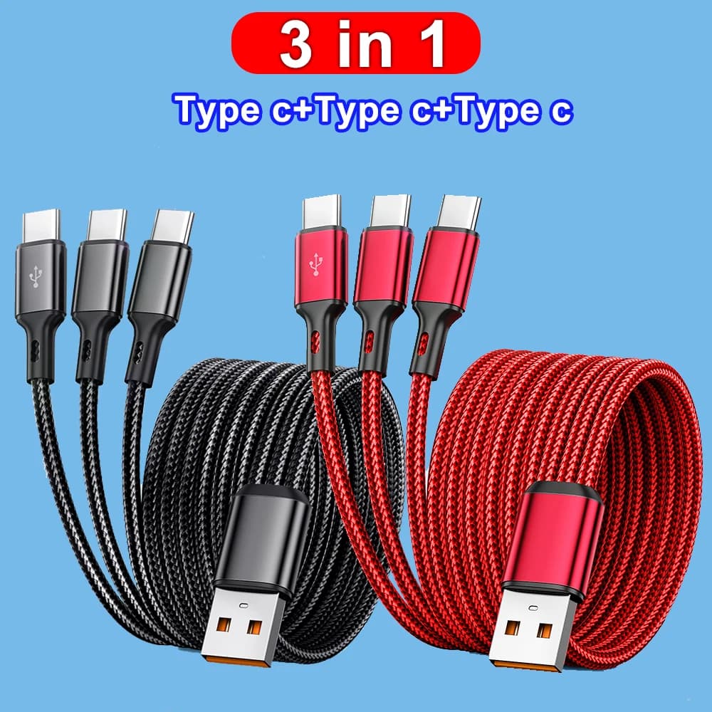 100W 3 in 1 Multi-ports USB C Charger Cable 6A USB-A to 3 ×Type-C Fast Charging Cable For Samsung Galacy S24 Xiaomi Redmi Huawei