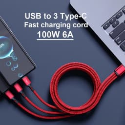 100W 3 in 1 Multi-ports USB C Charger Cable 6A USB-A to 3 ×Type-C Fast Charging Cable For Samsung Galacy S24 Xiaomi Redmi Huawei