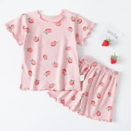 Girls Summer Pajama Set Strawberry Print Shorts Pink Peaches Tee Baby Cool Comfort Homewears Soft Breathable Sleepsuits for Play