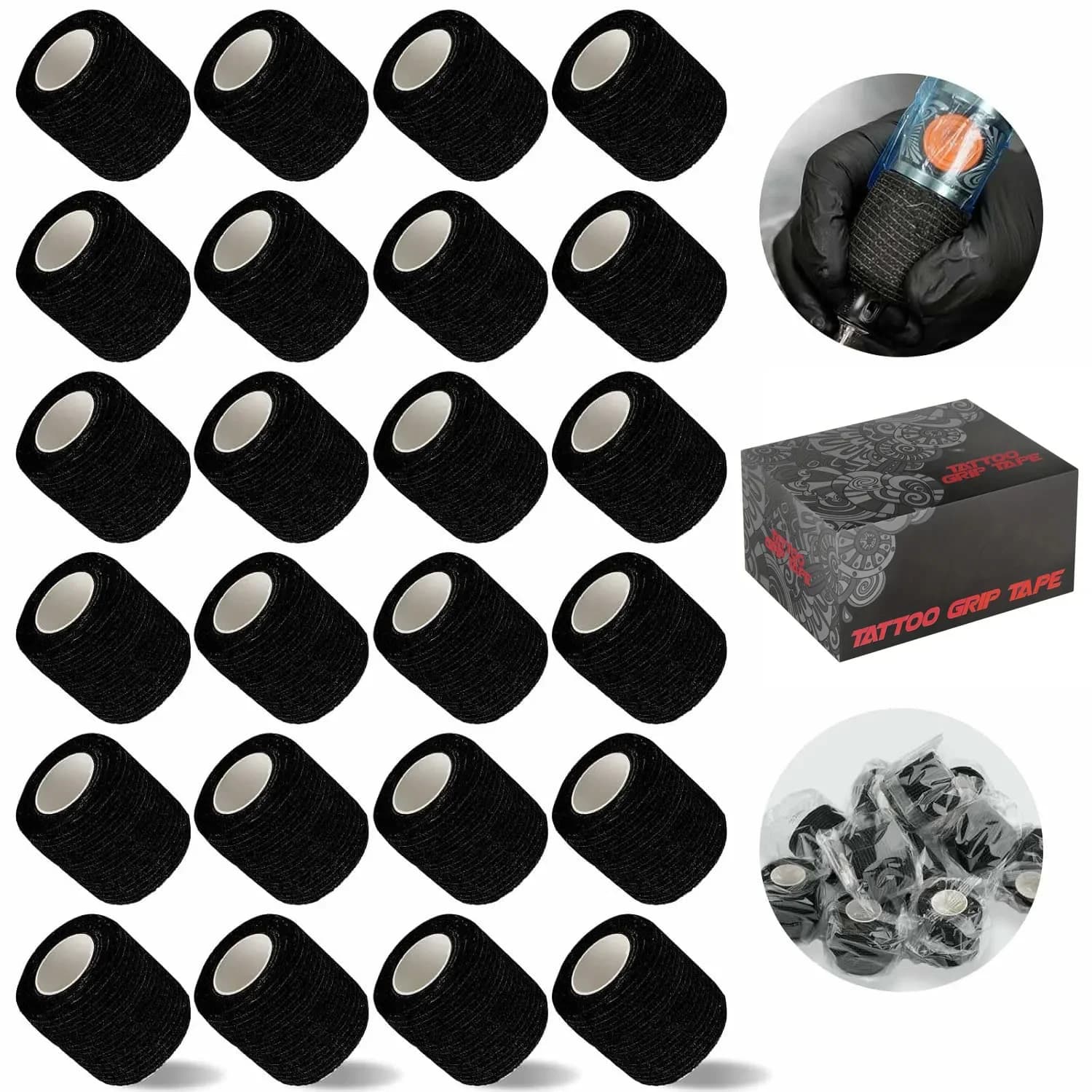 48/24/3PCS Black Tattoo Grip Cover Wraps Self-Adhesive Elastic Bandage Tape Breathable Strong Sports Tape Athletic Bandage Rolls